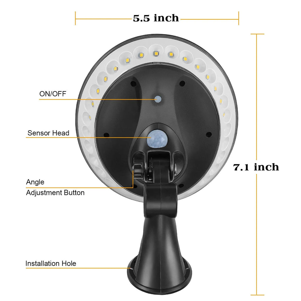 360-degree solar-powered outdoor light with motion sensor in ABS housing for garden installation