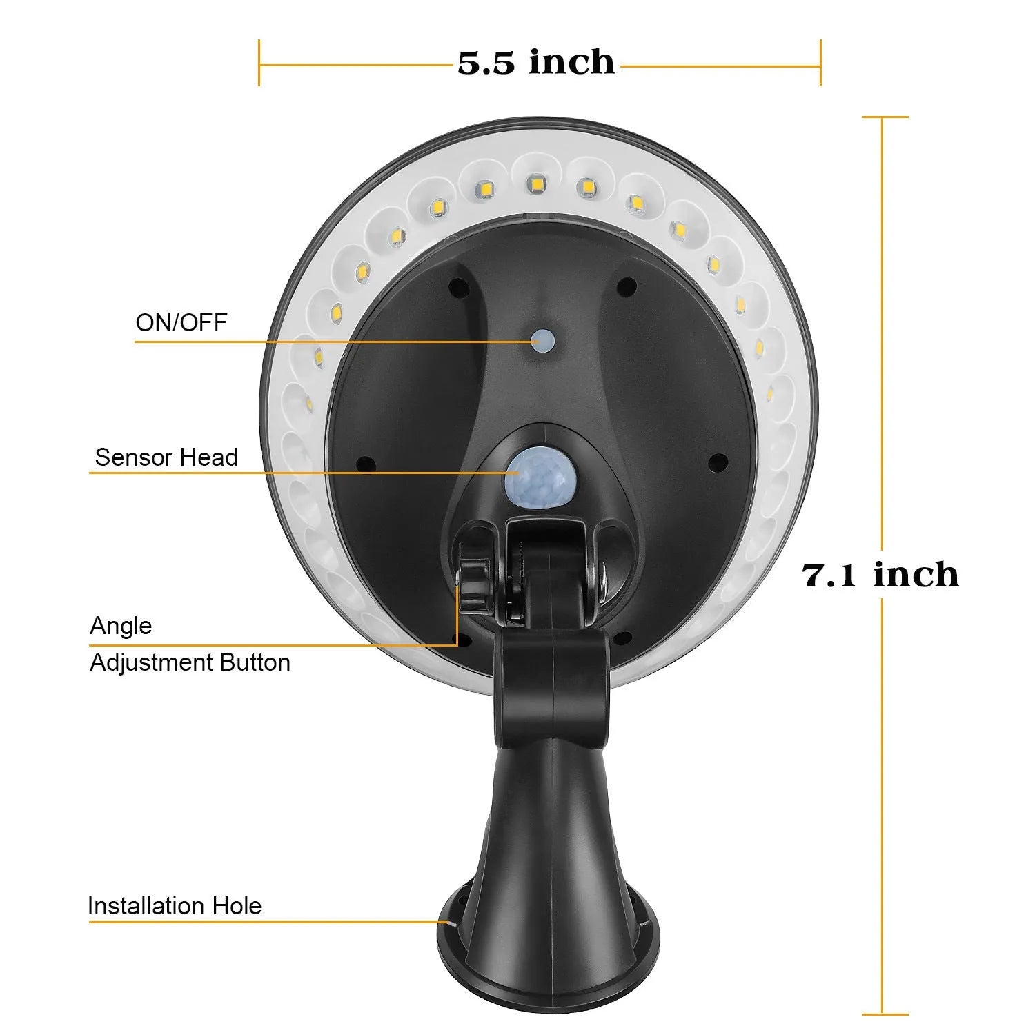 360-degree solar-powered outdoor light with motion sensor in ABS housing for garden installation