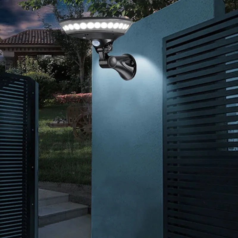 360-degree solar-powered outdoor light with motion sensor in ABS housing for garden installation