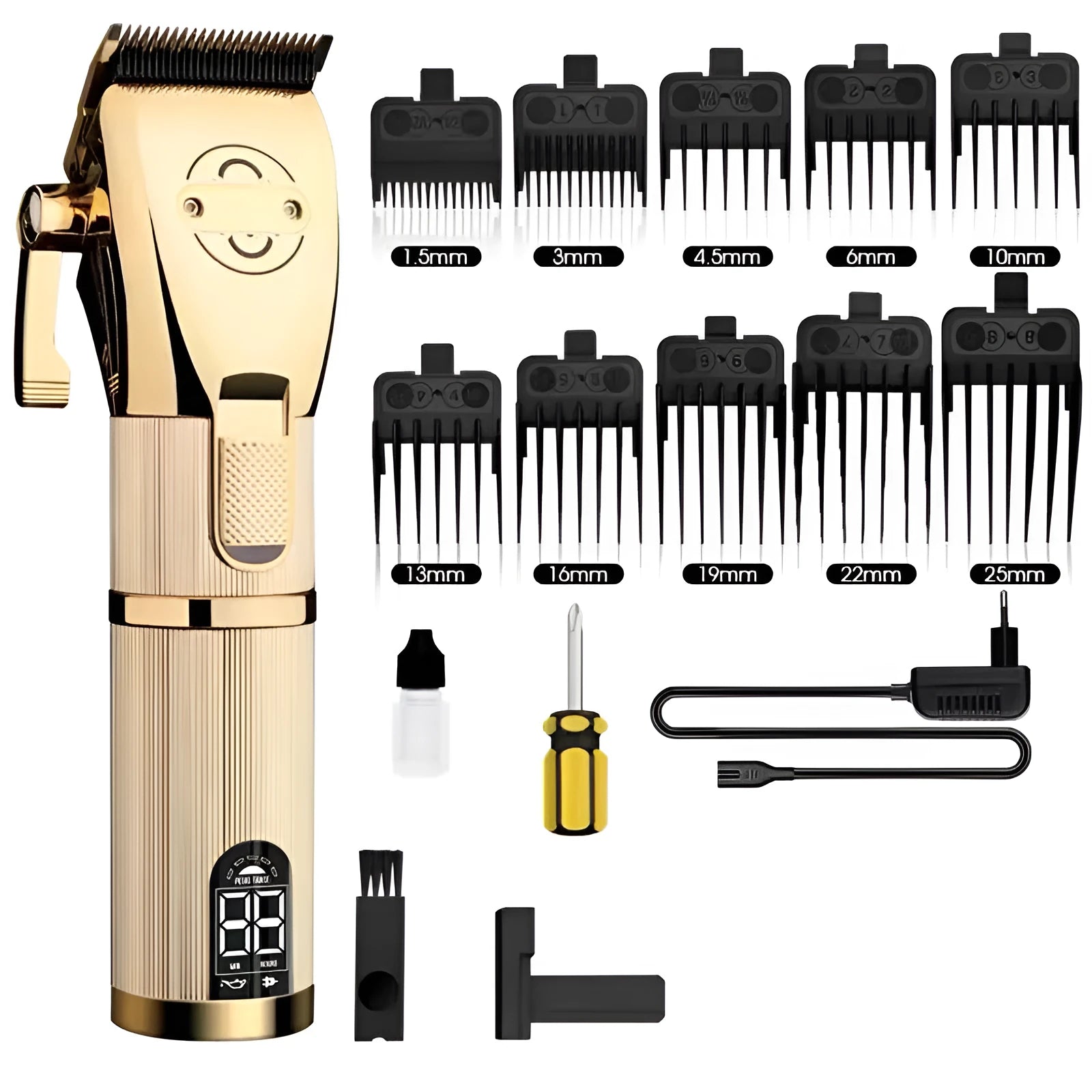 Gold-coloured cordless hair clipper with 25W power output for barbershop use