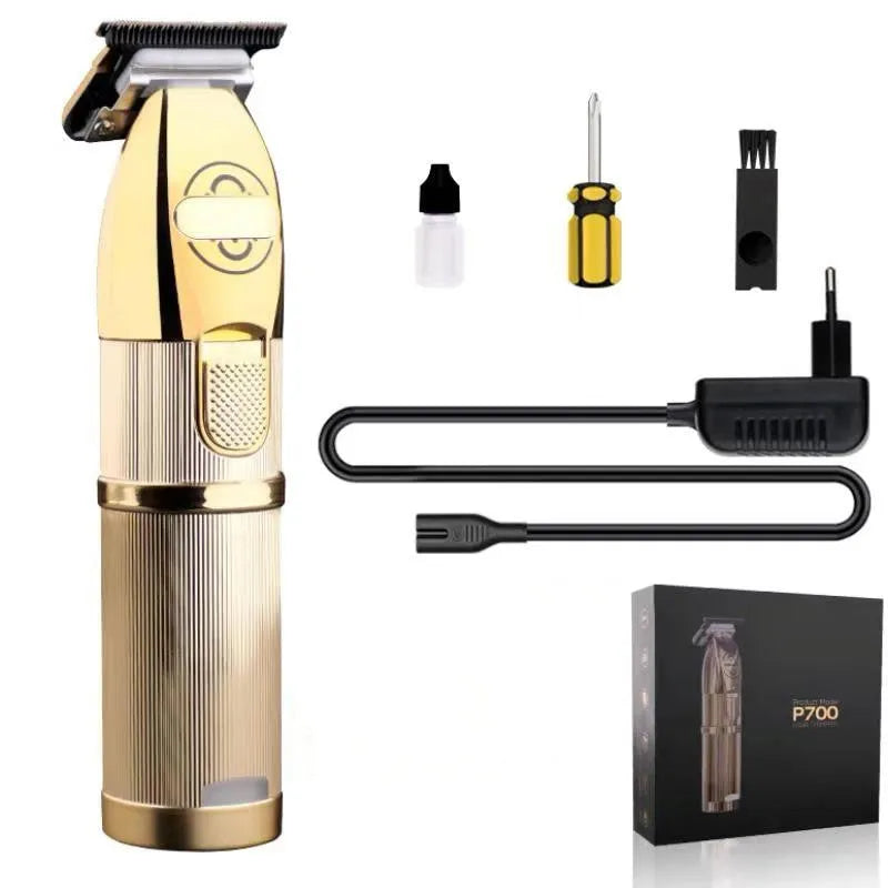 Gold-coloured cordless hair clipper with 25W power output for barbershop use