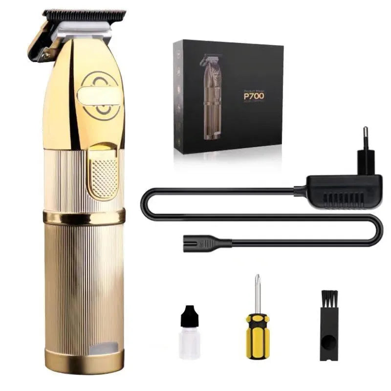 Gold-coloured cordless hair clipper with 25W power output for barbershop use
