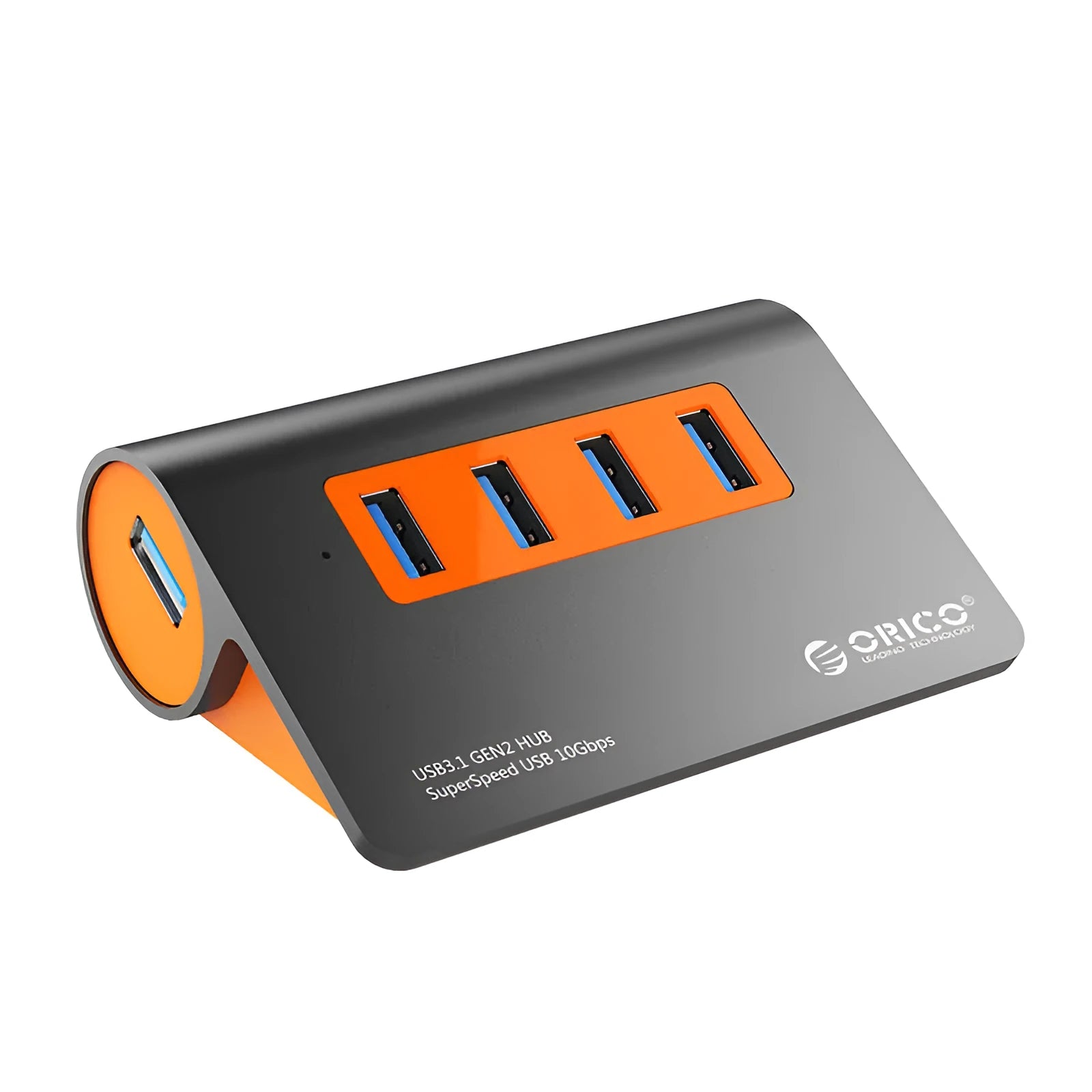 Dark grey aluminium alloy USB 3.1 laptop hub with four ports, orange accents, and detachable cable