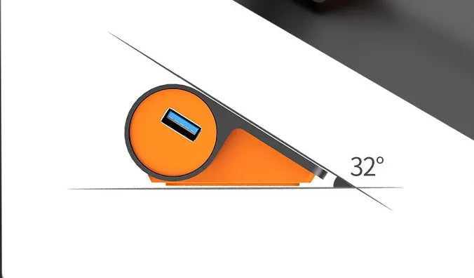 Dark grey aluminium alloy USB 3.1 laptop hub with four ports, orange accents, and detachable cable