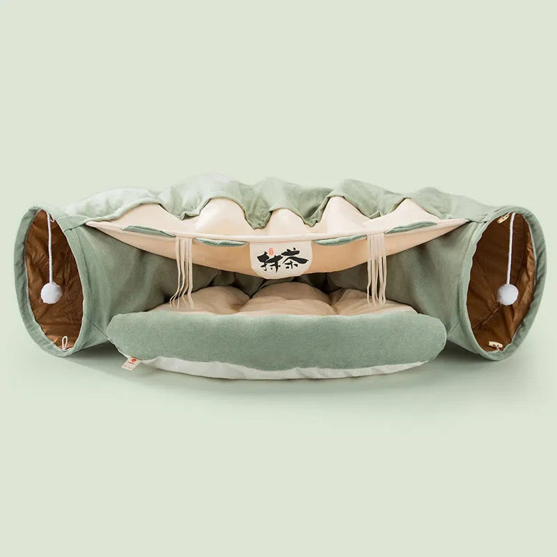 Collapsible cloth cat tunnel in choice of colours showing folded and unfolded states