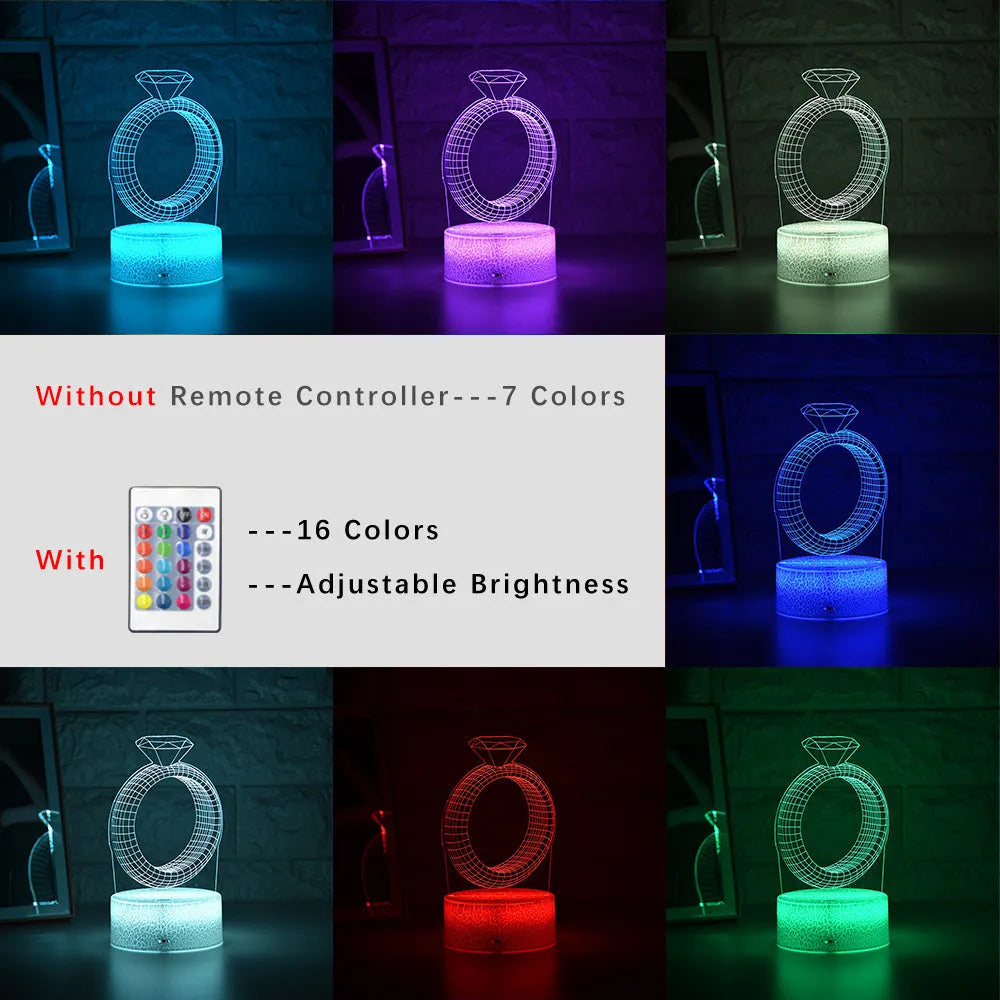 3D stereoscopic LED night light showing an illuminated diamond ring design on a black, white, or cracked white background.