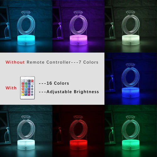 3D stereoscopic LED night light showing an illuminated diamond ring design on a black, white, or cracked white background.