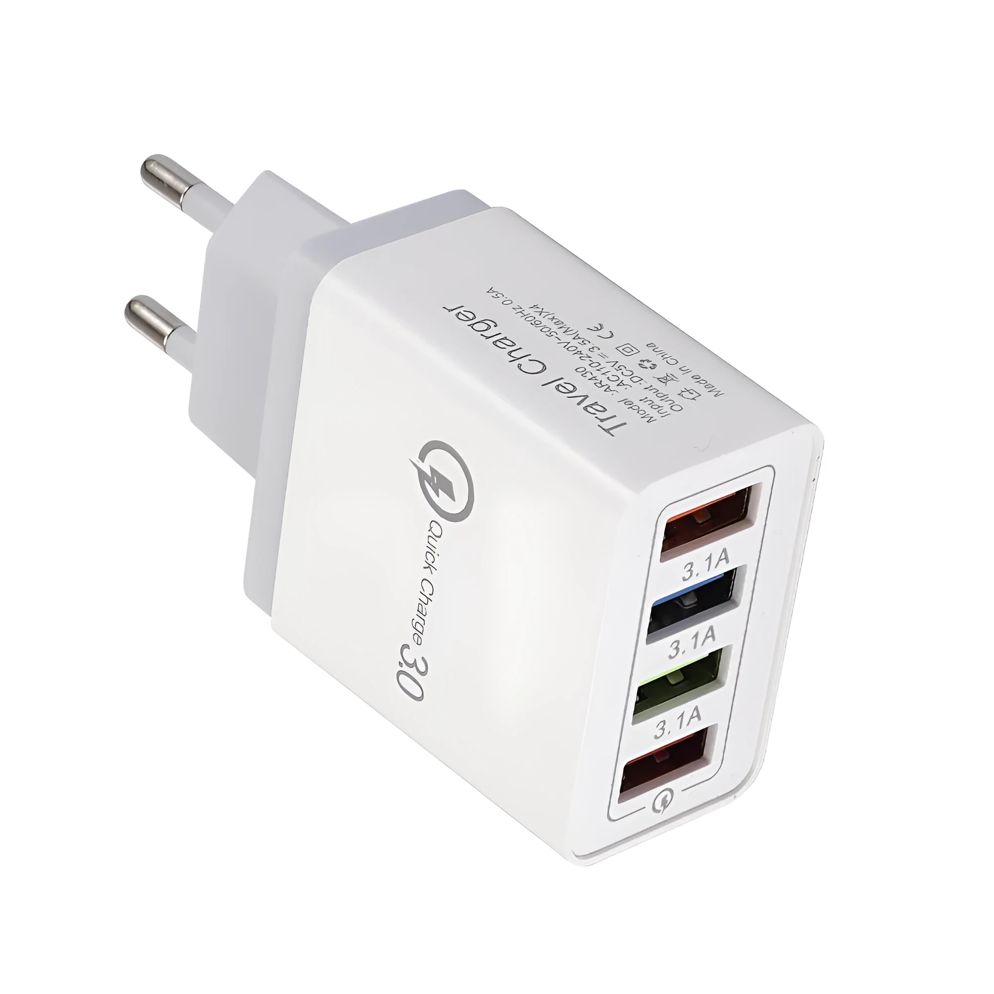Luminous 4-port USB mobile phone charger in selected colour with indicator light, showing EU or US plug type.
