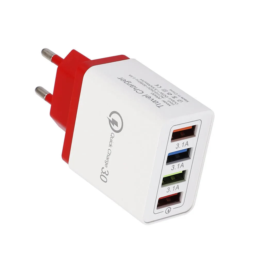 Luminous 4-port USB mobile phone charger in selected colour with indicator light, showing EU or US plug type.