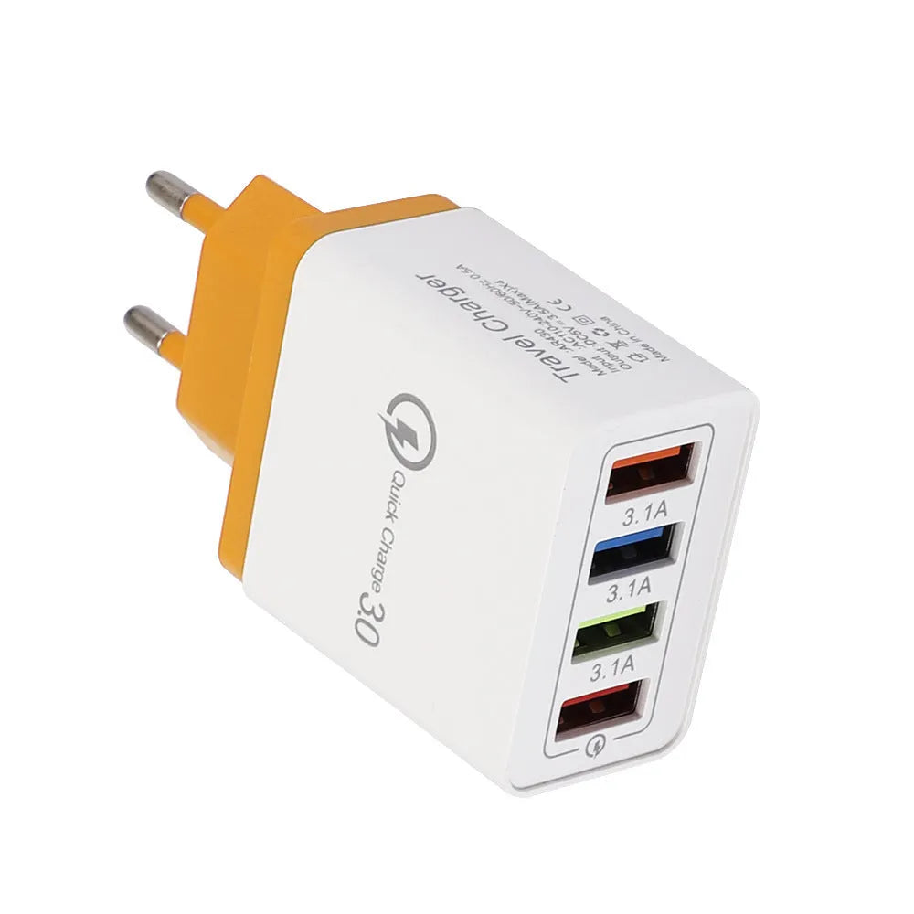 Luminous 4-port USB mobile phone charger in selected colour with indicator light, showing EU or US plug type.