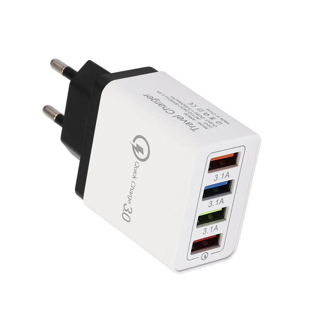 Luminous 4-port USB mobile phone charger in selected colour with indicator light, showing EU or US plug type.