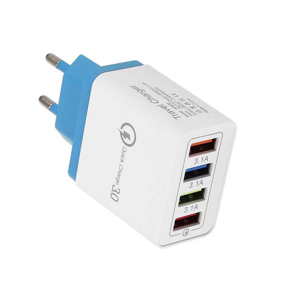 Luminous 4-port USB mobile phone charger in selected colour with indicator light, showing EU or US plug type.