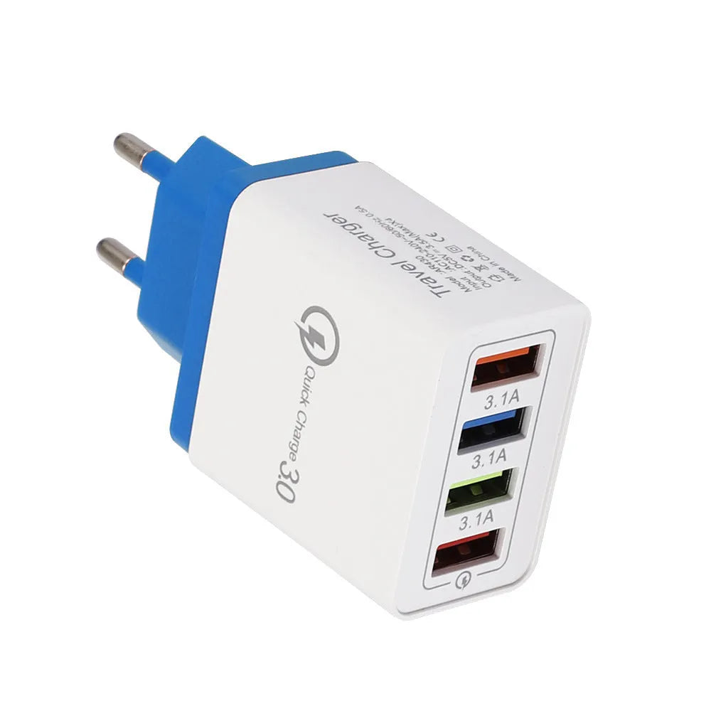 Luminous 4-port USB mobile phone charger in selected colour with indicator light, showing EU or US plug type.