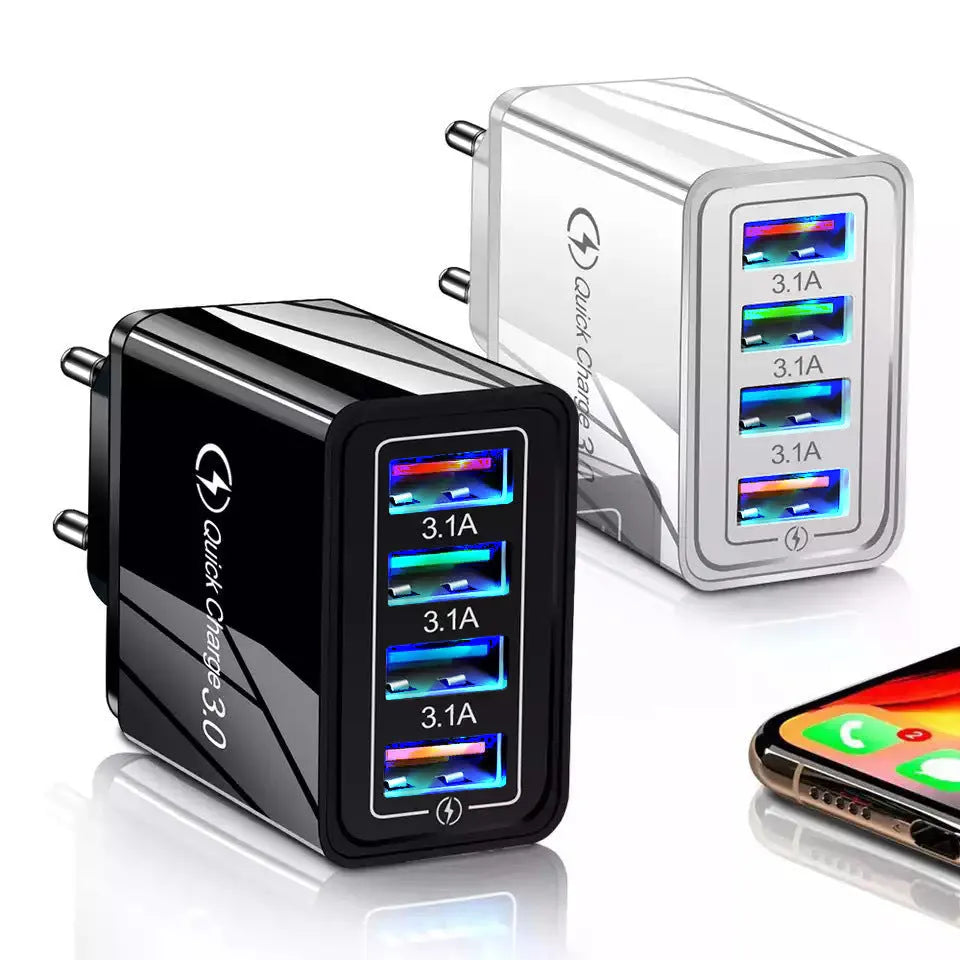 Luminous 4-port USB mobile phone charger in selected colour with indicator light, showing EU or US plug type.