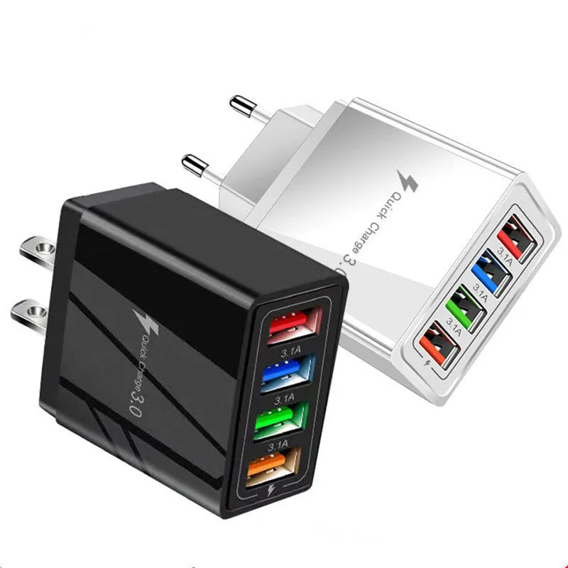 Luminous 4-port USB mobile phone charger in selected colour with indicator light, showing EU or US plug type.