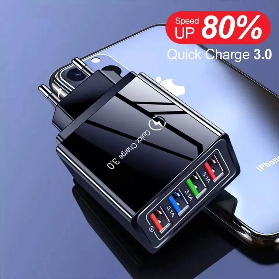 Luminous 4-port USB mobile phone charger in selected colour with indicator light, showing EU or US plug type.