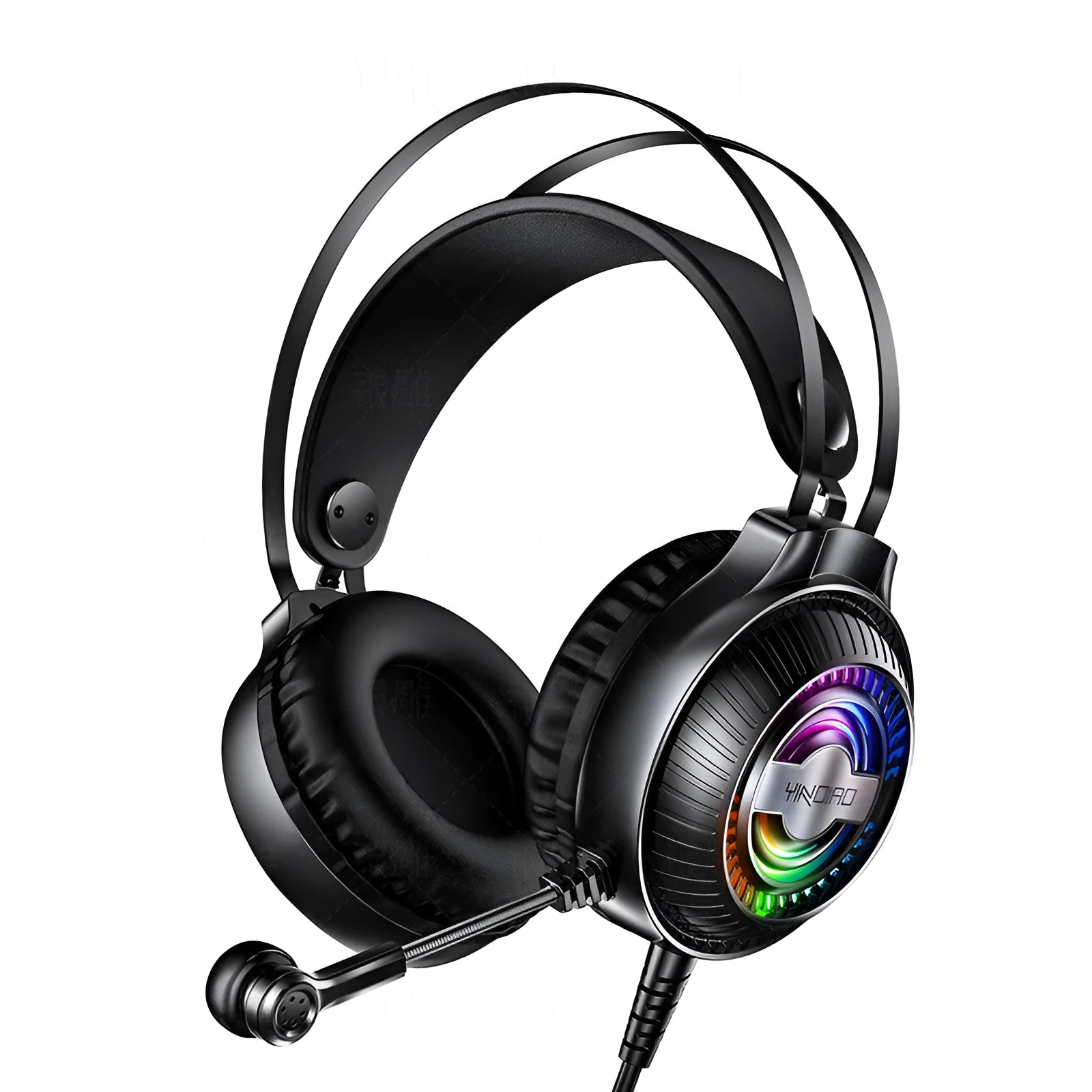 Black wired computer headset with microphone and protein earmuffs, showing 3.5mm plug