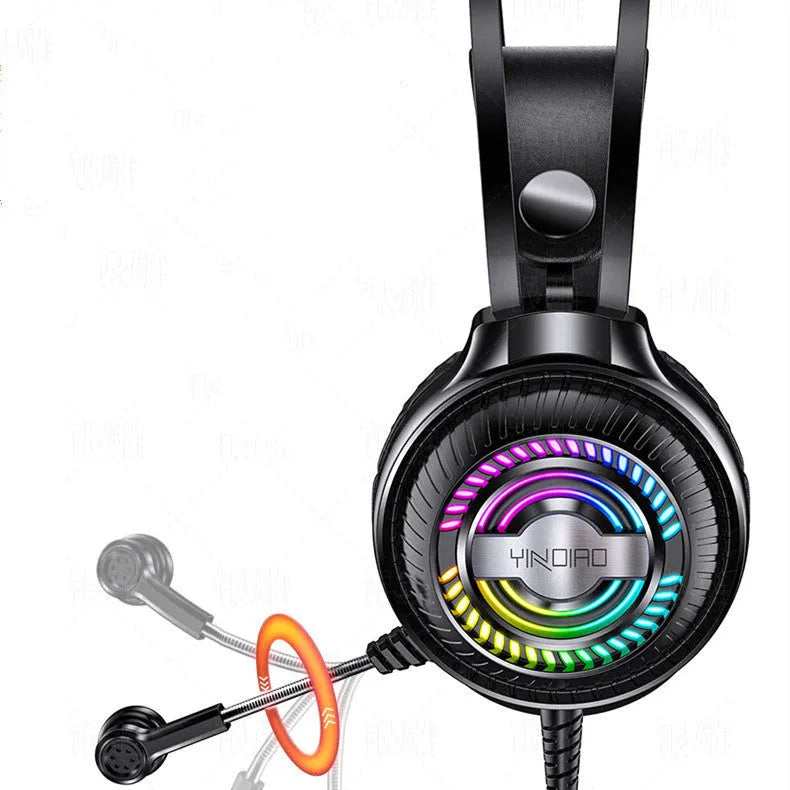 Black wired computer headset with microphone and protein earmuffs, showing 3.5mm plug