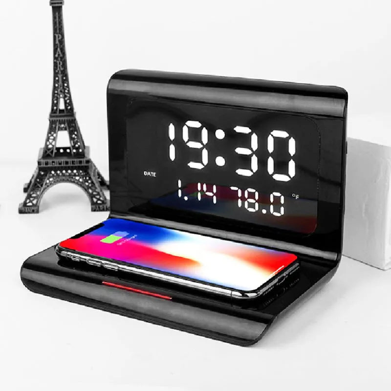 White wireless charger alarm clock with perpetual calendar display showing time, temperature and humidity