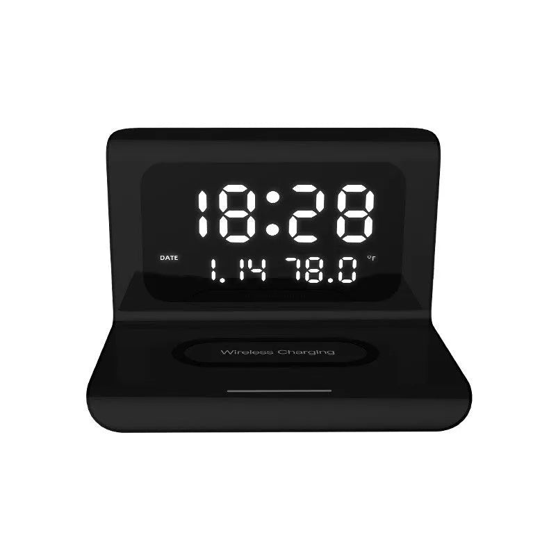 White wireless charger alarm clock with perpetual calendar display showing time, temperature and humidity