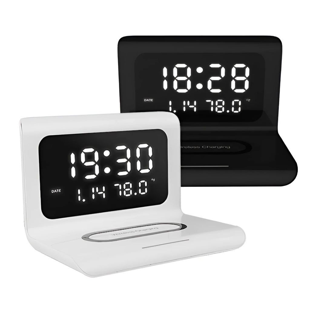 White wireless charger alarm clock with perpetual calendar display showing time, temperature and humidity