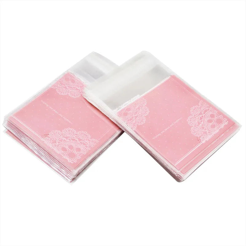 Pink self-adhesive plastic packaging bags for handmade soap, 7x7 cm with 3 cm flap