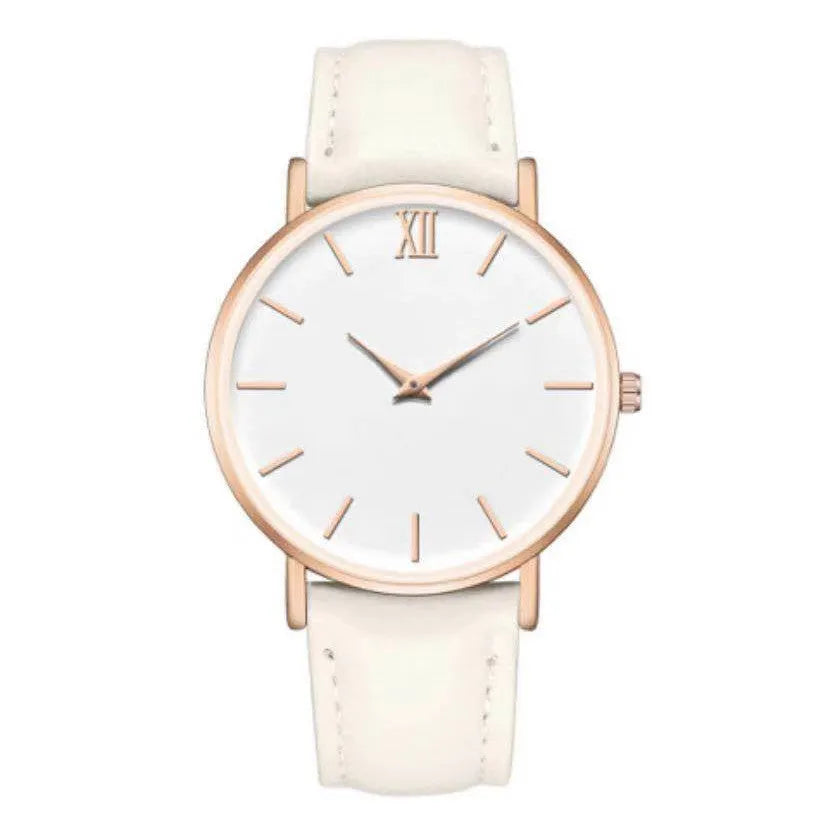 Ladies fashion quartz watch with frosted imitation leather strap, round alloy case, 38mm dial, white dial, pin buckle clasp, onion crown