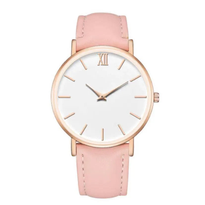 Ladies fashion quartz watch with frosted imitation leather strap, round alloy case, 38mm dial, white dial, pin buckle clasp, onion crown