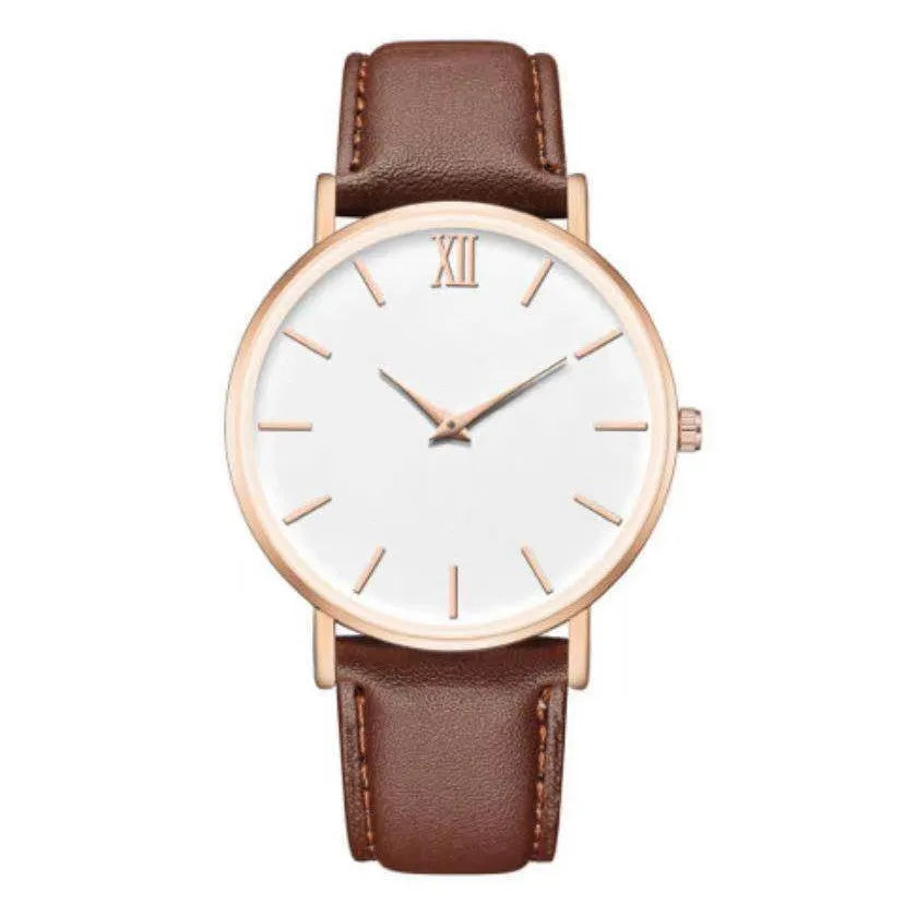 Ladies fashion quartz watch with frosted imitation leather strap, round alloy case, 38mm dial, white dial, pin buckle clasp, onion crown