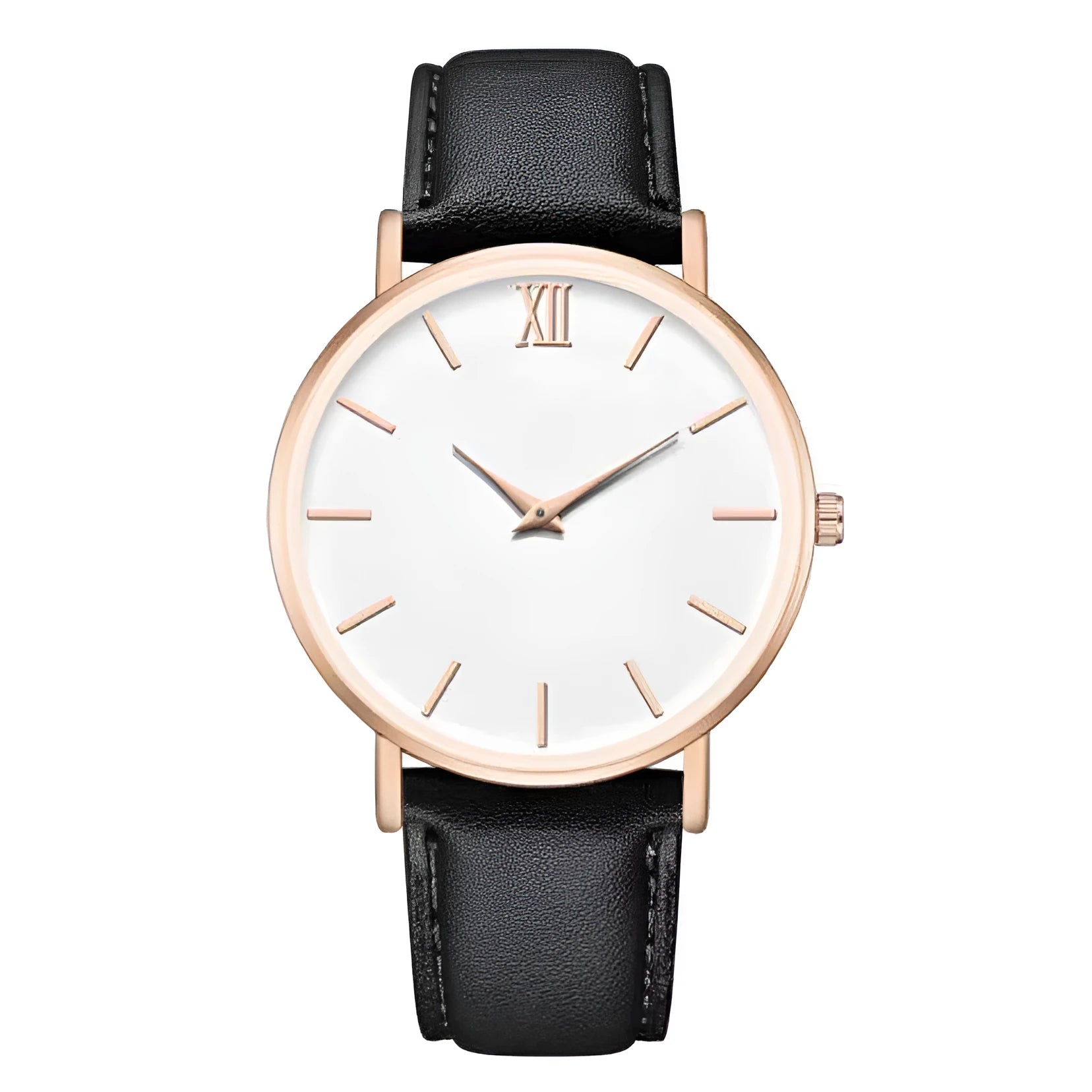 Ladies fashion quartz watch with frosted imitation leather strap, round alloy case, 38mm dial, white dial, pin buckle clasp, onion crown