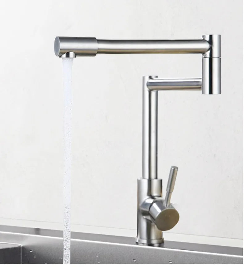 Silver stainless steel dual-handle kitchen tap with a rotating faucet