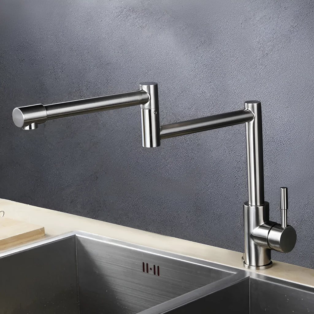 Silver stainless steel dual-handle kitchen tap with a rotating faucet