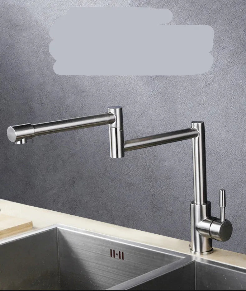 Silver stainless steel dual-handle kitchen tap with a rotating faucet