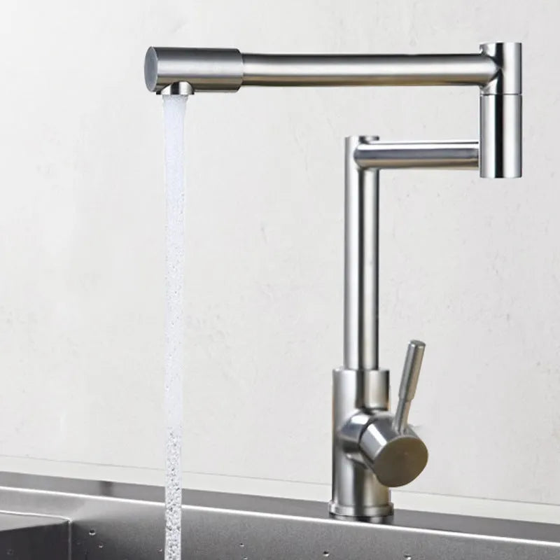 Silver stainless steel dual-handle kitchen tap with a rotating faucet