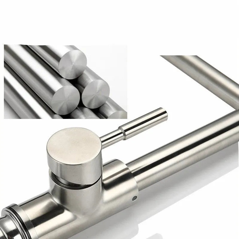 Silver stainless steel dual-handle kitchen tap with a rotating faucet