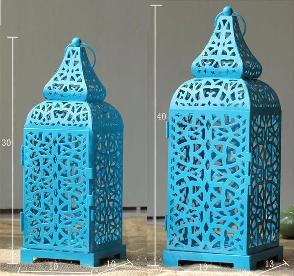 Blue Moroccan-style geometric iron candelabrum with hollow design for candle decoration