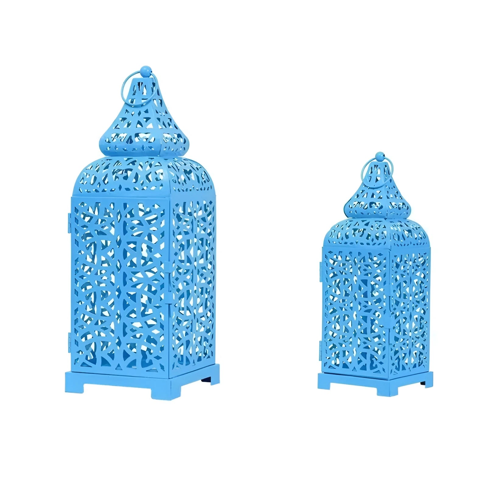 Blue Moroccan-style geometric iron candelabrum with hollow design for candle decoration