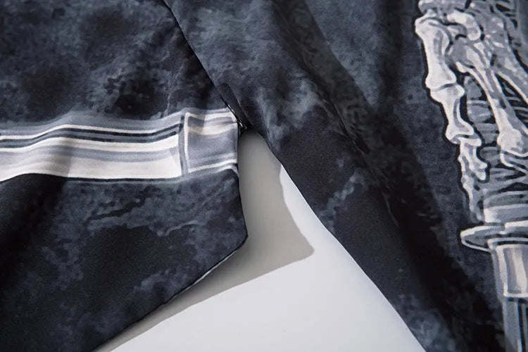 Men's black demon print cardigan with lapel collar, loose fit, polyester fabric, cosplay or haori style