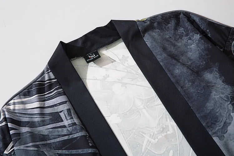 Men's black demon print cardigan with lapel collar, loose fit, polyester fabric, cosplay or haori style