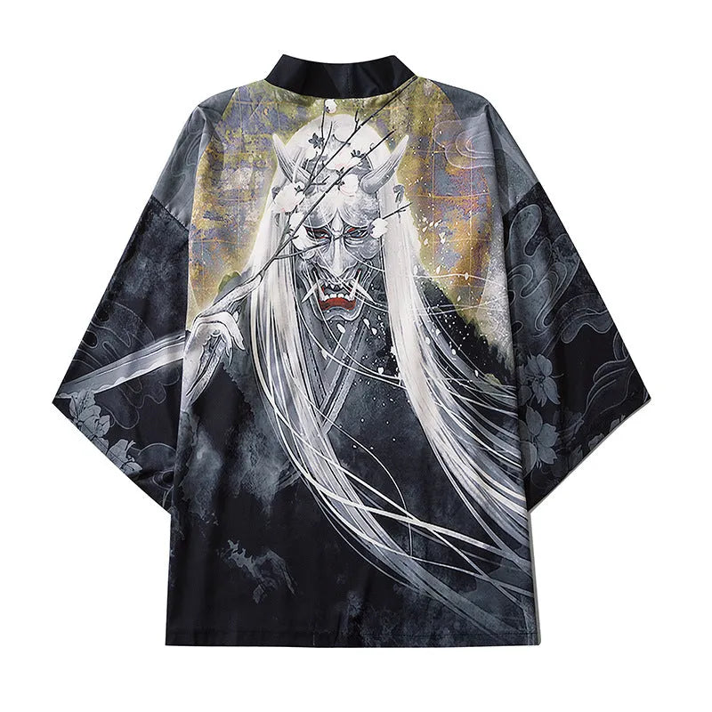 Men's black demon print cardigan with lapel collar, loose fit, polyester fabric, cosplay or haori style