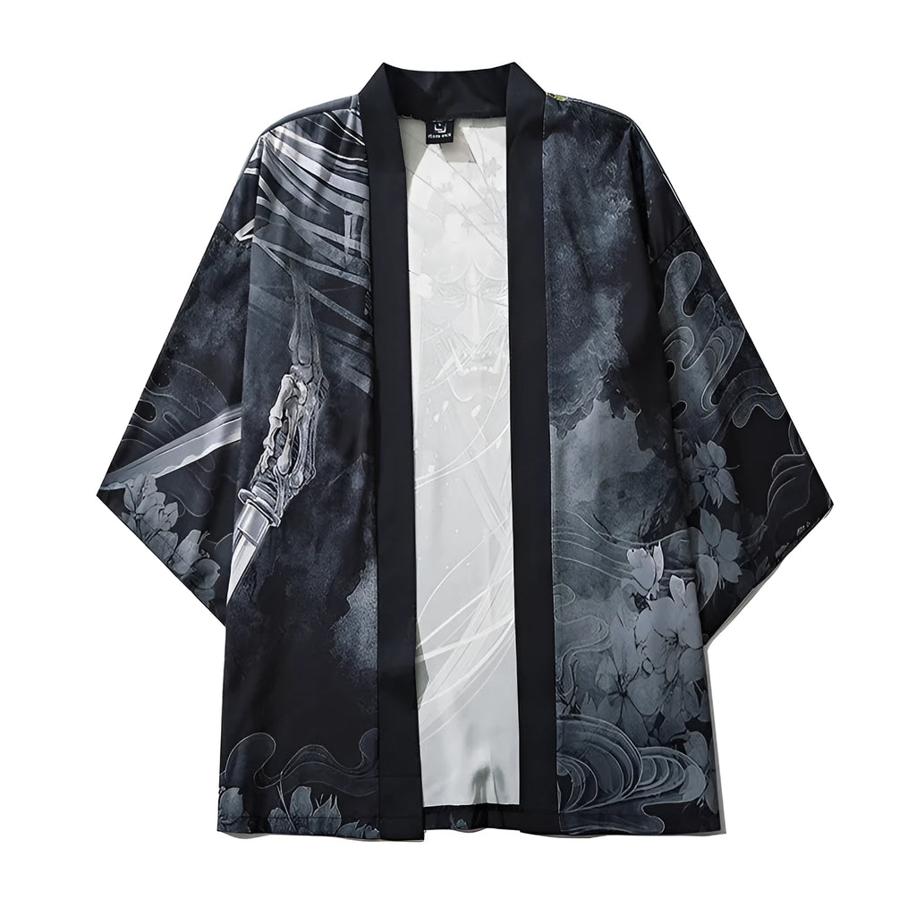 Men's black demon print cardigan with lapel collar, loose fit, polyester fabric, cosplay or haori style