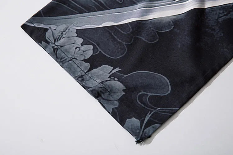 Men's black demon print cardigan with lapel collar, loose fit, polyester fabric, cosplay or haori style