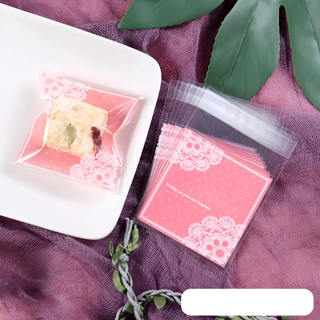 Pink self-adhesive plastic packaging bags for handmade soap, 7x7 cm with 3 cm flap