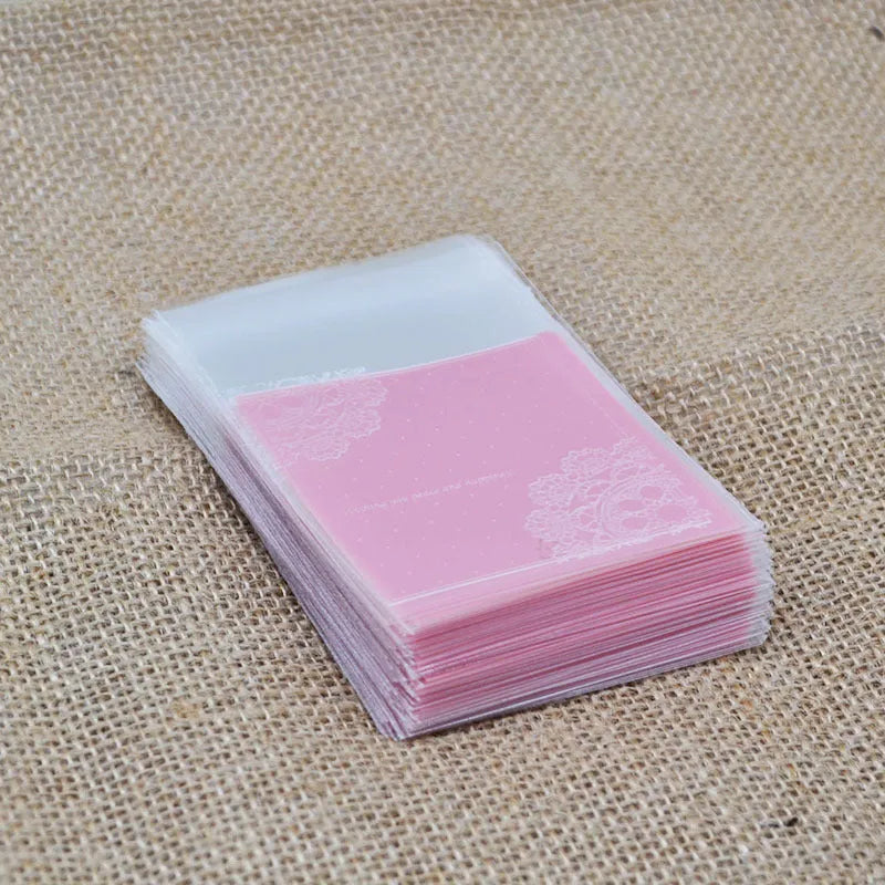 Pink self-adhesive plastic packaging bags for handmade soap, 7x7 cm with 3 cm flap