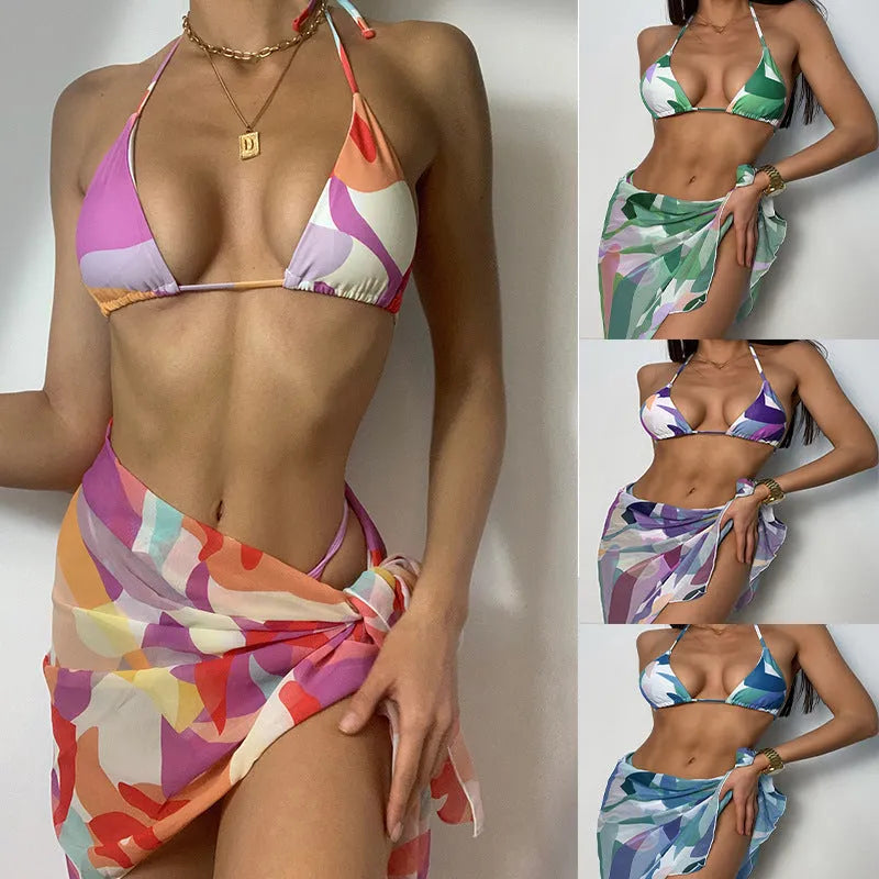 Lace-up backless split swimsuit with three-piece stitching in pink, blue, green, purple colour options