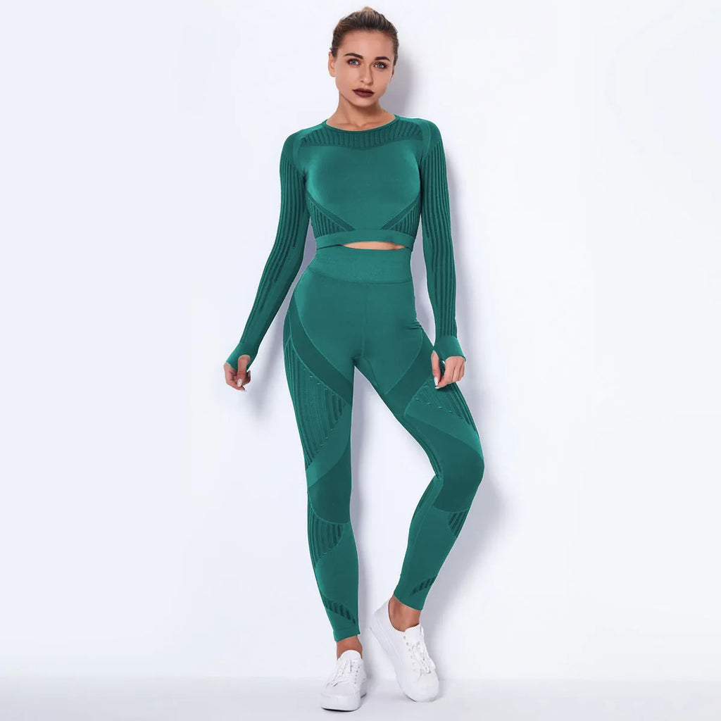 Women's long-sleeved seamless knitted yoga suit in a neutral colour, showing the stretch fabric and close fit.