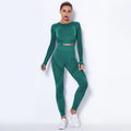 Women's long-sleeved seamless knitted yoga suit in a neutral colour, showing the stretch fabric and close fit.