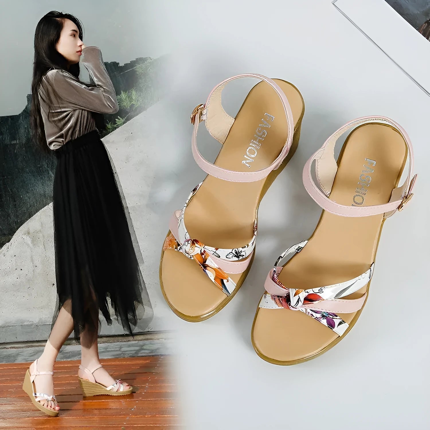 Women's pink and white wedge sandals with thick non-slip heels and fish mouth design
