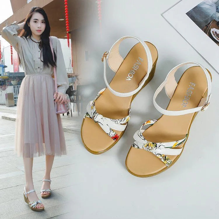 Women's pink and white wedge sandals with thick non-slip heels and fish mouth design