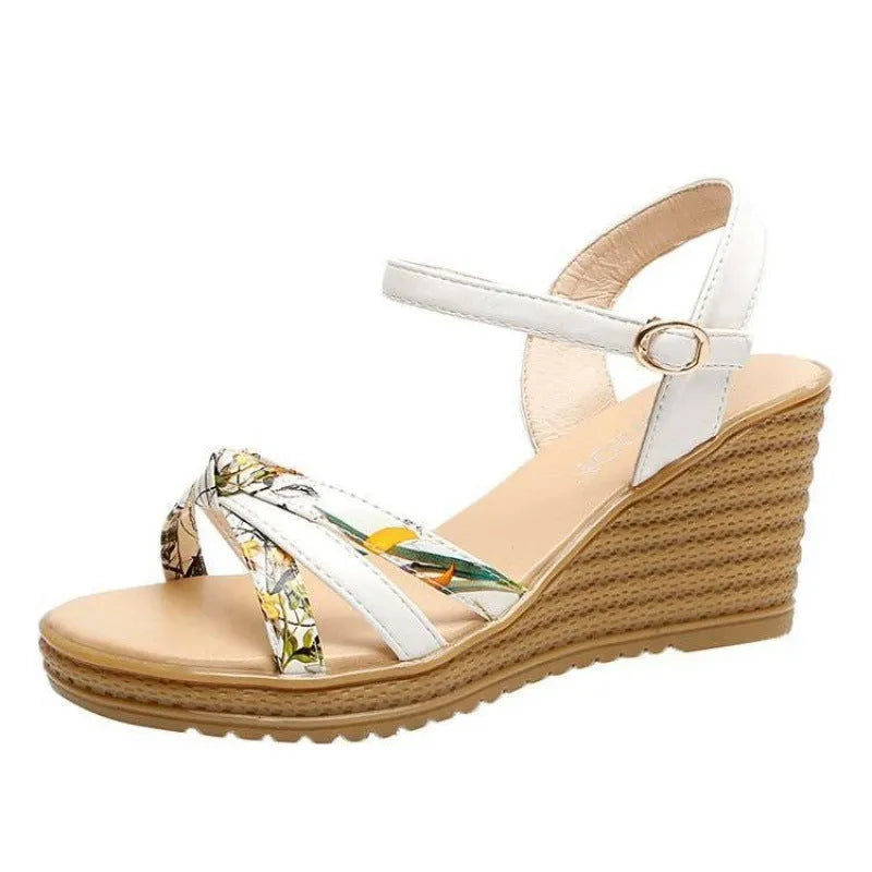 Women's pink and white wedge sandals with thick non-slip heels and fish mouth design
